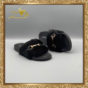 Women’s Black Furry Slip-On Sandals